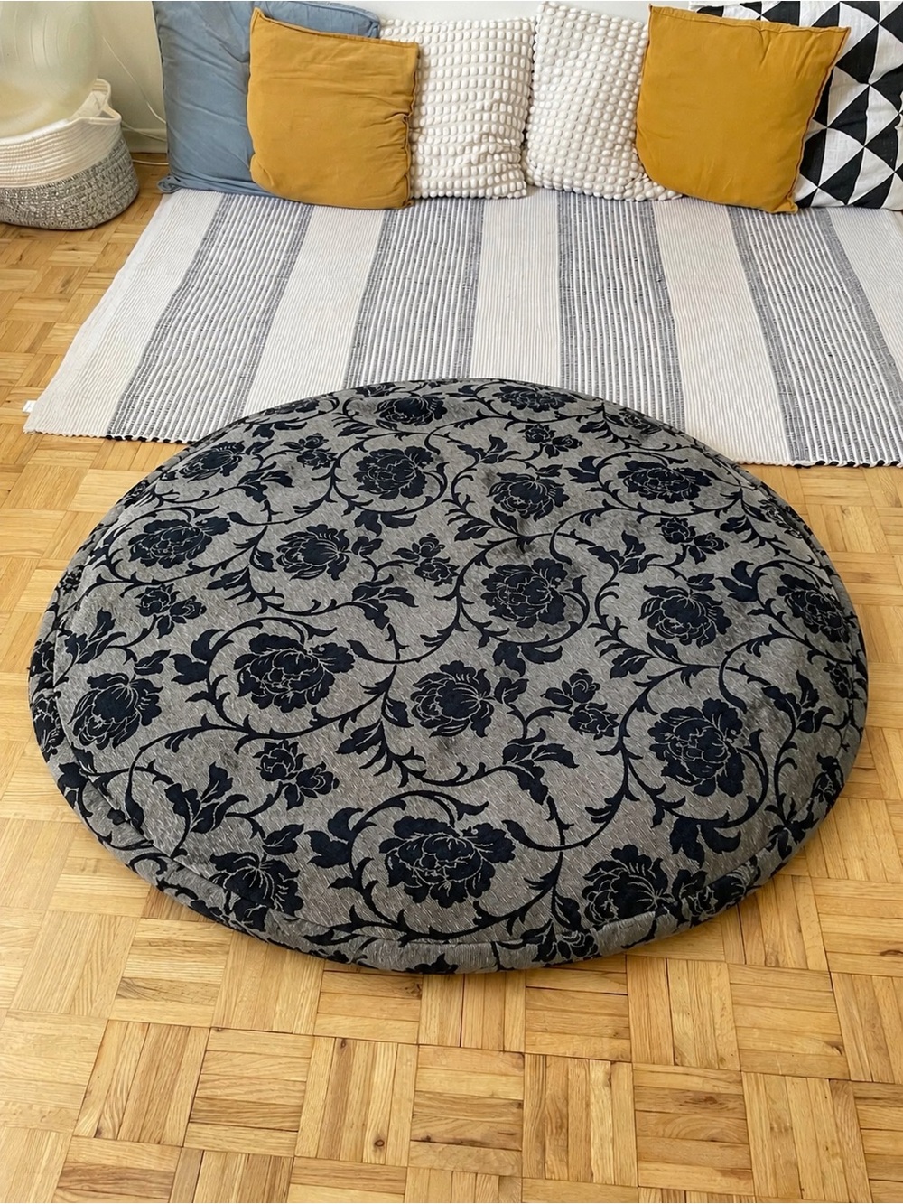 Huge Round Floral Velvet Damask Storage Pouf / Papasan Cover / Pet Bed, Blue 50”